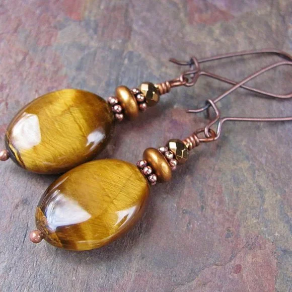 Golden Tiger Eye Gemstone Earrings in Copper - Picture 4 of 8